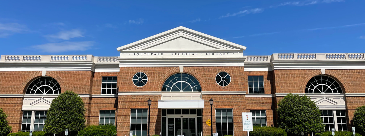 SouthPark Regional Library Exterior view of SouthPark Regional Library on a sunny day.