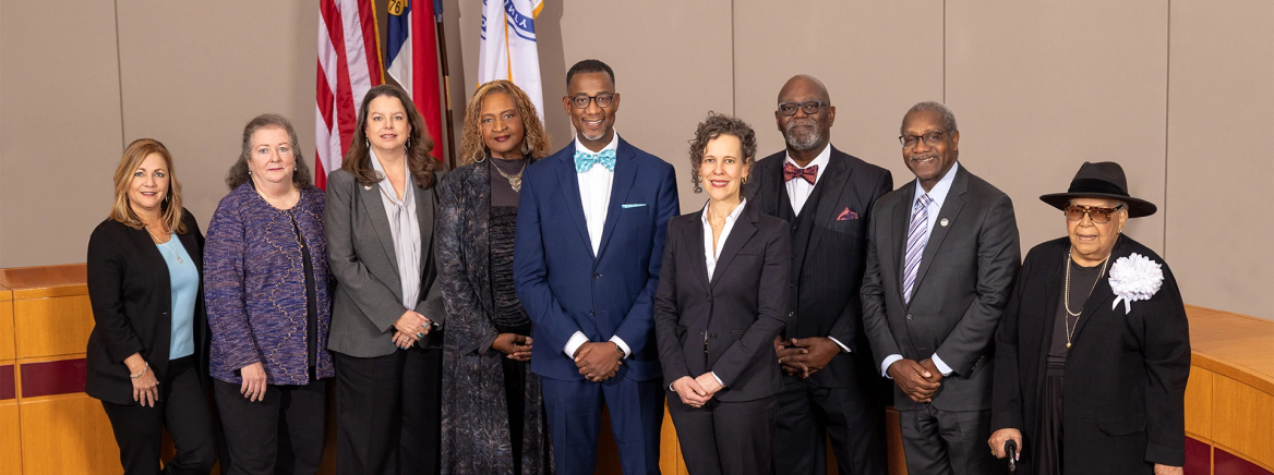 2024-2026 County Commissioners inside the Charlotte-Mecklenburg Meeting Chamber.

Left to Right: Commissioner Meier, Commissioner Powell, Commissioner Rodriguez-McDowell, Commissioner Townsend-Ingram, Commissioner Jerrell, Commissioner Altman, Commissioner Dunlap, Commissioner Griffin and Commissioner Leake.