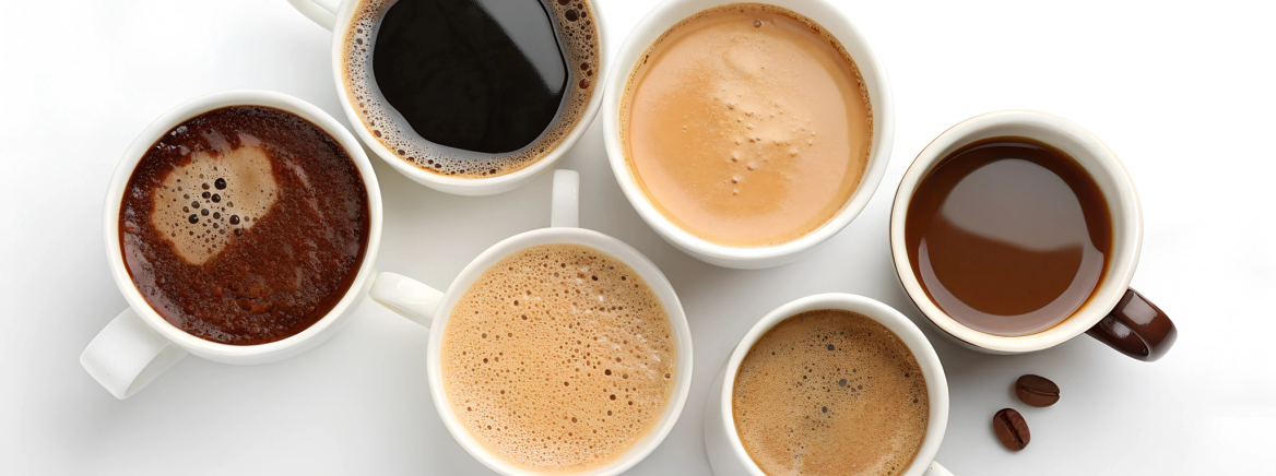 Set of cups with different types of coffee from top view isolated on white background. Set of cups with different types of coffee from top view isolated on white background.. AI generated photo. 4K. HD Image Background