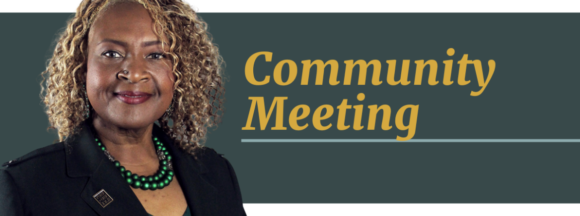 Commissioner Yvette Townsend-Ingram&#039;s headshot with the words community meeting on the right hand side.