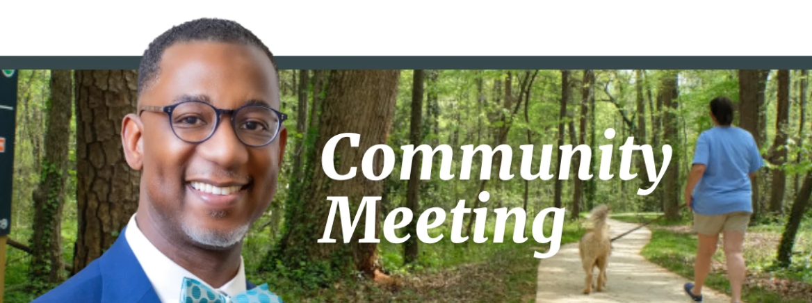 Chair Jerrell&#039;s headshot with the words community meeting and a park photo in the background