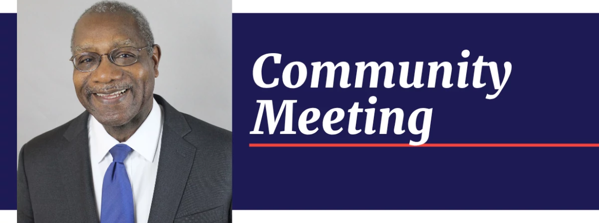 Commissioner Griffin&#039;s headshot with the words community meeting on the right hand side.
