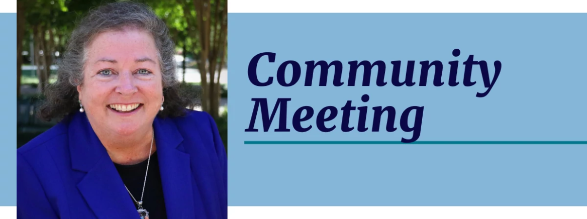 Commissioner Powell's headshot with the words community meeting on the right hand side on top of a light blue background.